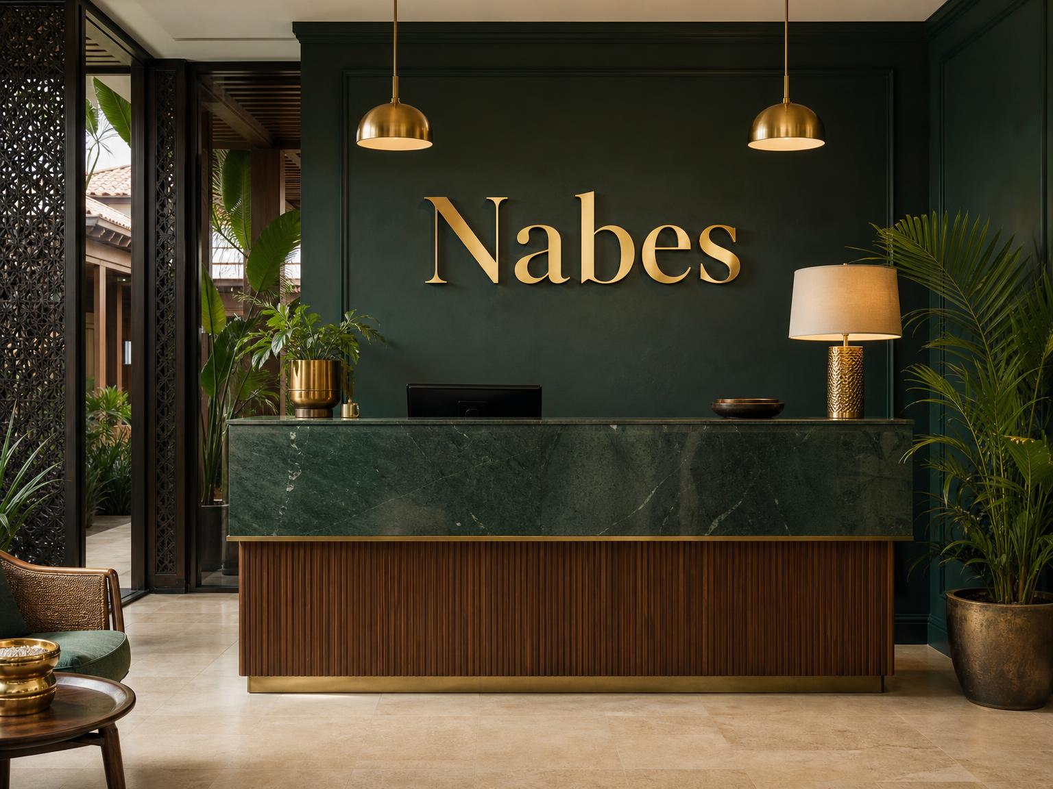 Nabes luxury reception with forest-green walls and gold signage